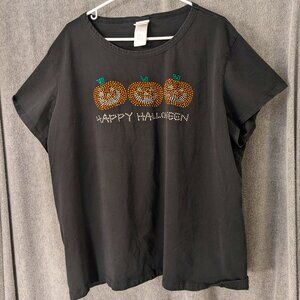 Plus Size 3x "Happy Halloween" Bright Metal Studs Black T-Shirt (54" Chest)